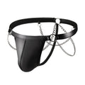 Men's black patent leather thong underwear with chain design detailing