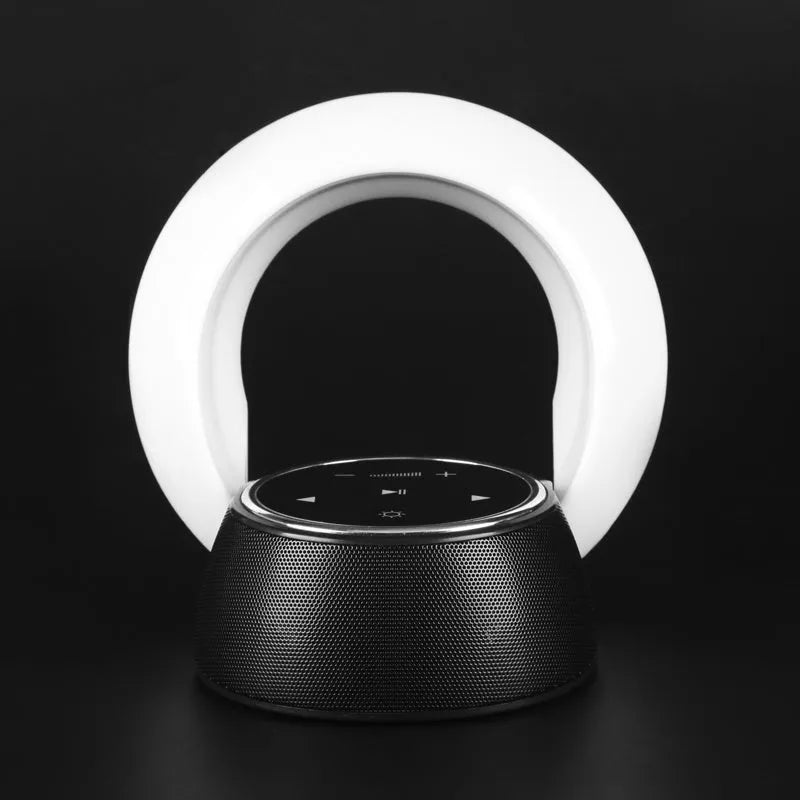 Blue folding Bluetooth desk lamp speaker with touch controls and LED lighting