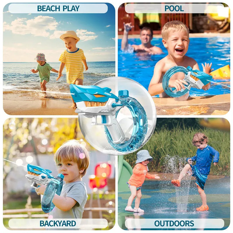 Blue Shark-shaped electric water gun toy with large tank on a sandy beach