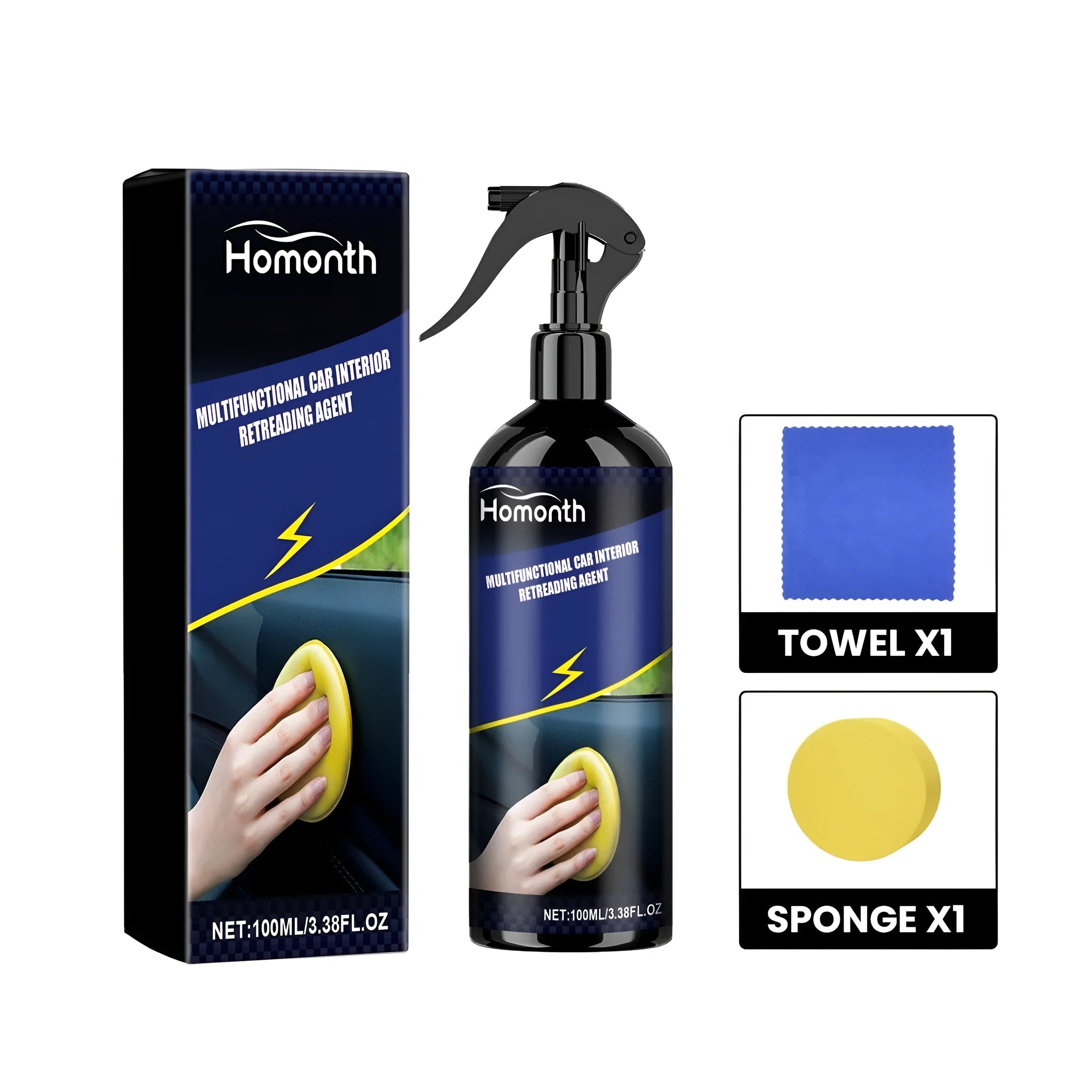 Car interior retreading kit with bottle, yellow sponge, and white microfibre towel on a grey surface