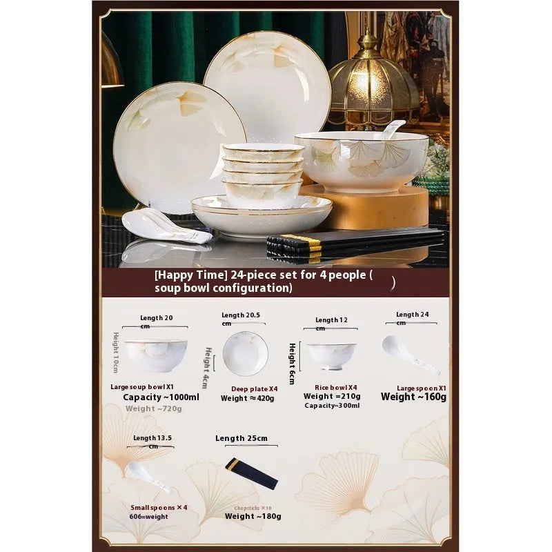 24-piece ceramic bowl and dish set with glazed colour map surface including soup bowls, rice bowls, spoons, and chopsticks