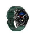 Round Bluetooth sports watch with AMOLED display on a silicone strap, showing heart rate and call functions.