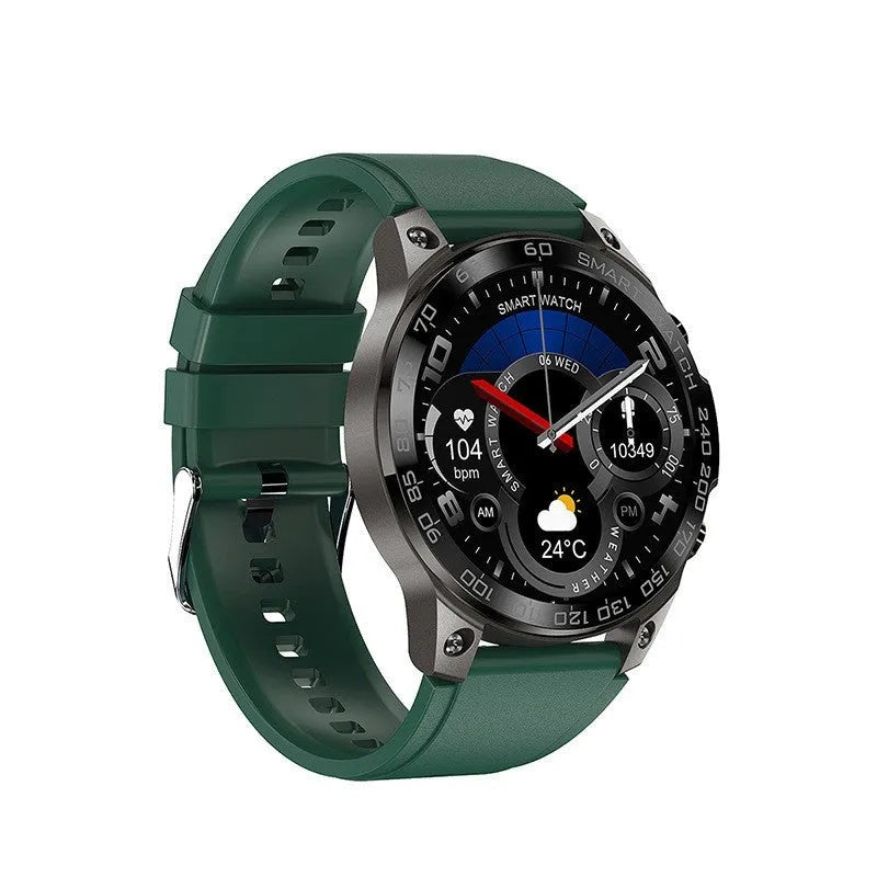 Round Bluetooth sports watch with AMOLED display on a silicone strap, showing heart rate and call functions.