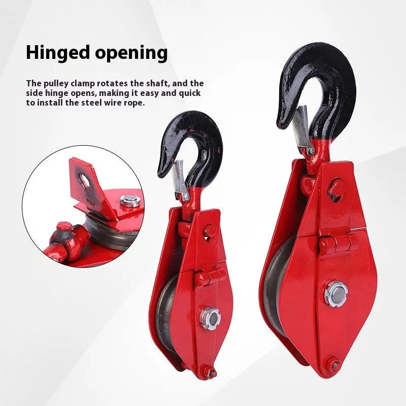 Red industrial steel lifting pulley with a safety latch on the hook for secure lifting.