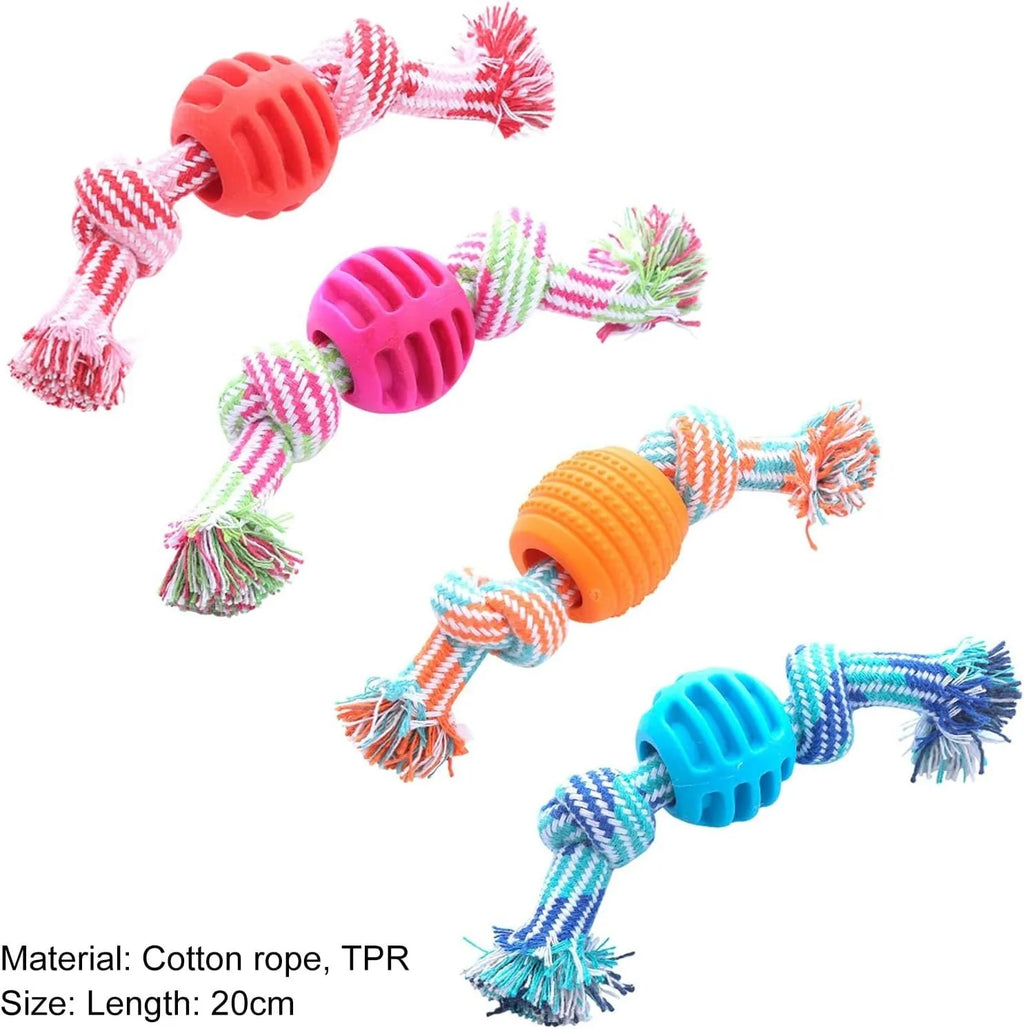 Blue molar-shaped dog chew toy with an integrated rope for dental care and play.