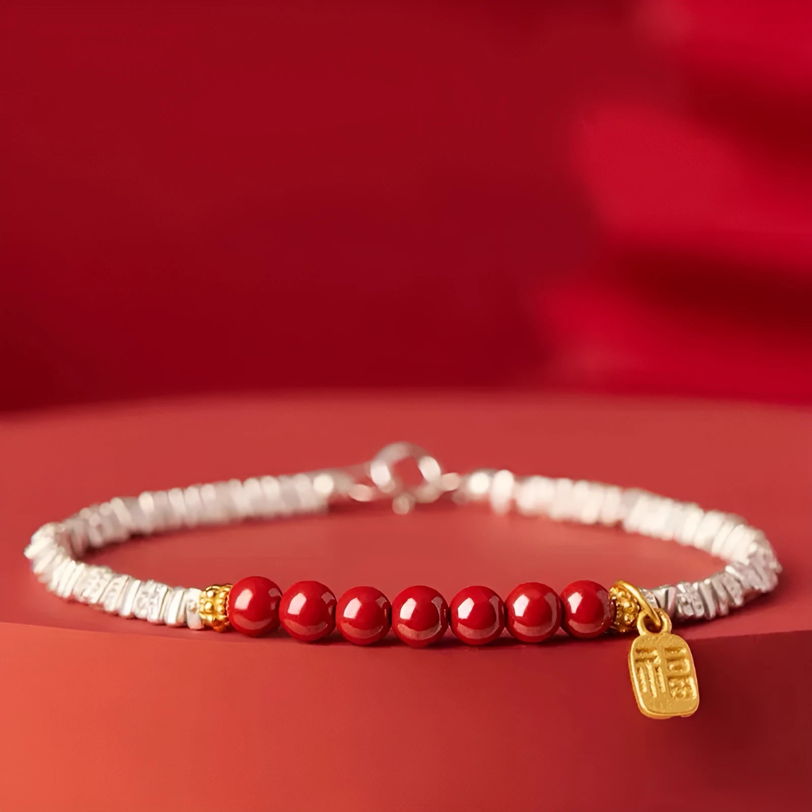 White K colour couple bracelet with silver lucky beads measuring 16 cm