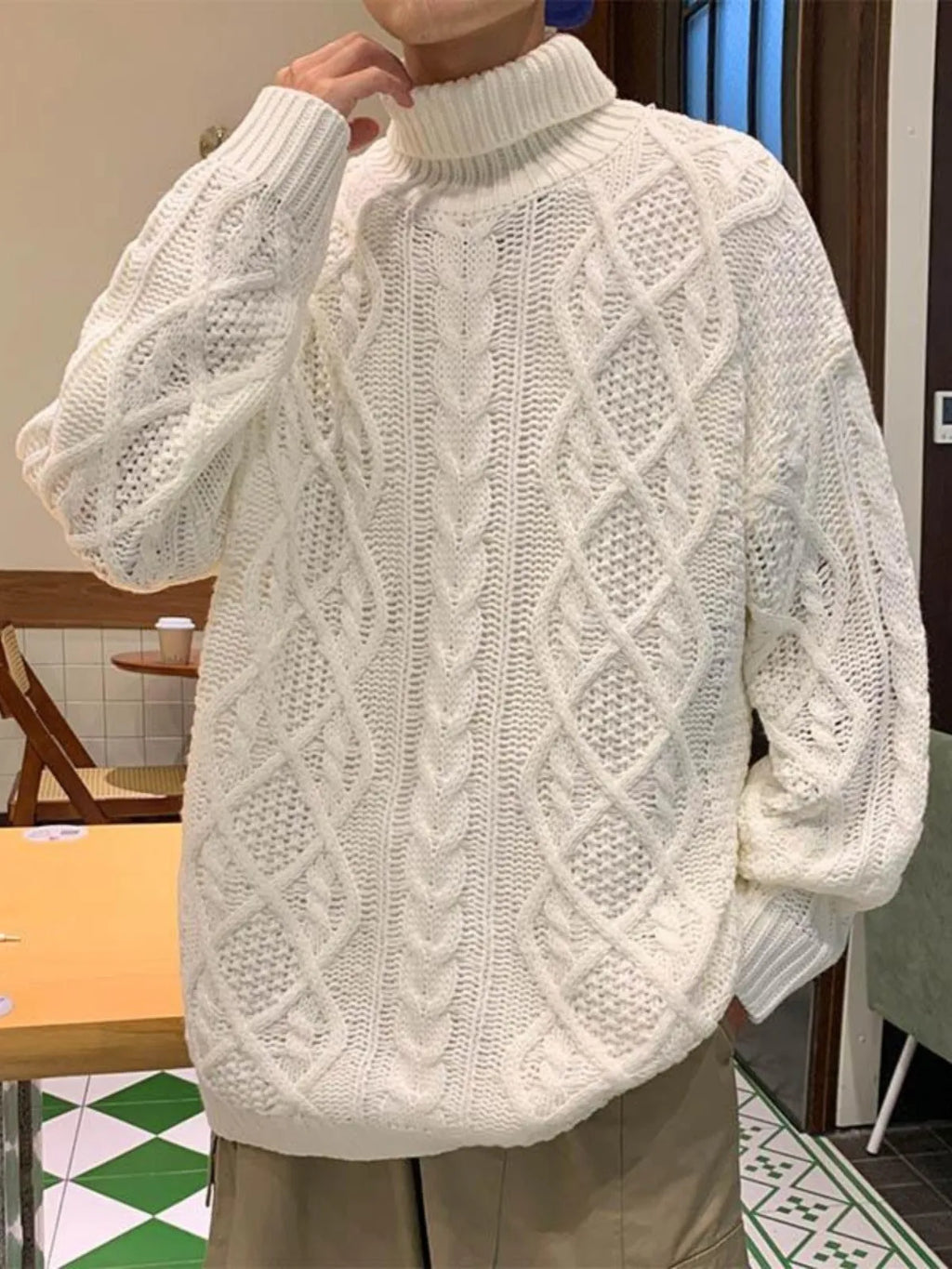 Japanese-style retro green jacquard turtleneck sweater for youth, loose fit, wool blend