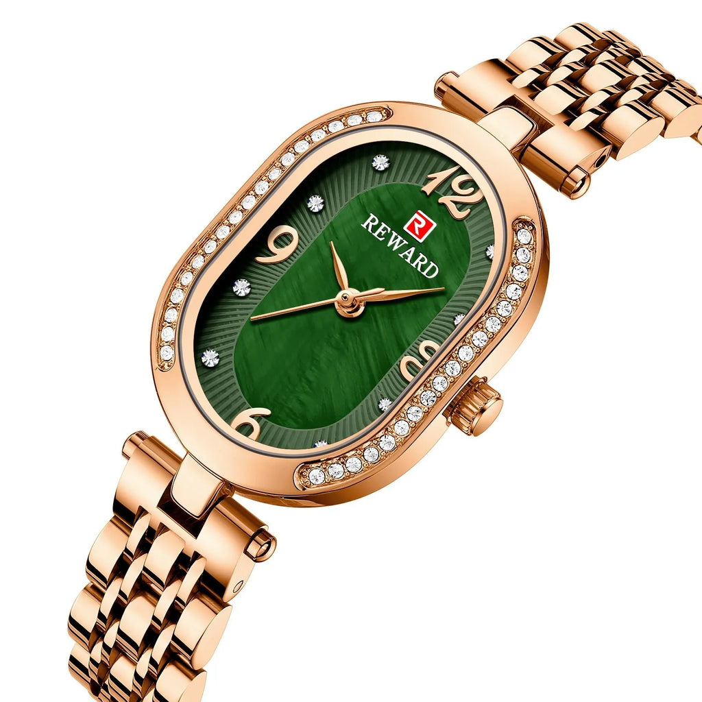 Ladies oval watch with diamond dial, 24mm case, gold-tone or rose-tone finish, and coloured strap