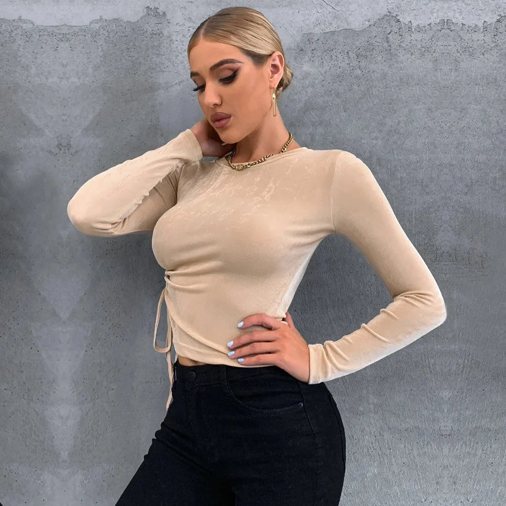 Slim-fit round-neck long-sleeve glossy knit top for women in khaki with shirring details, pullover style