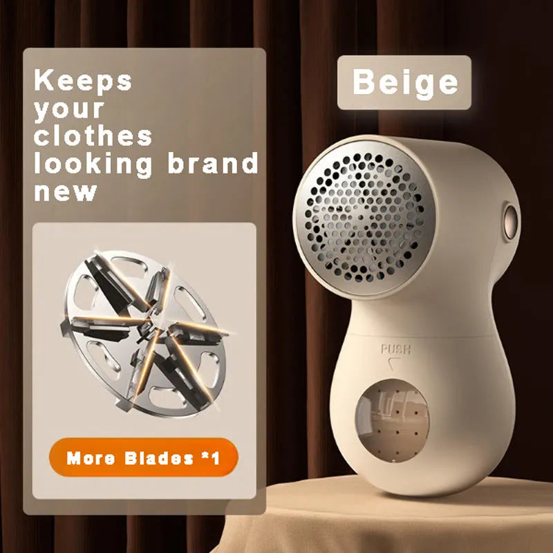 White electric lint remover with LED display showing battery level, placed beside clothing with fabric pilling