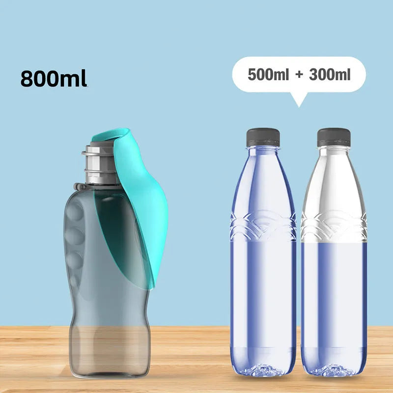 Blue grey foldable dog water bottle with drinking trough extended, showing 800ml capacity markings