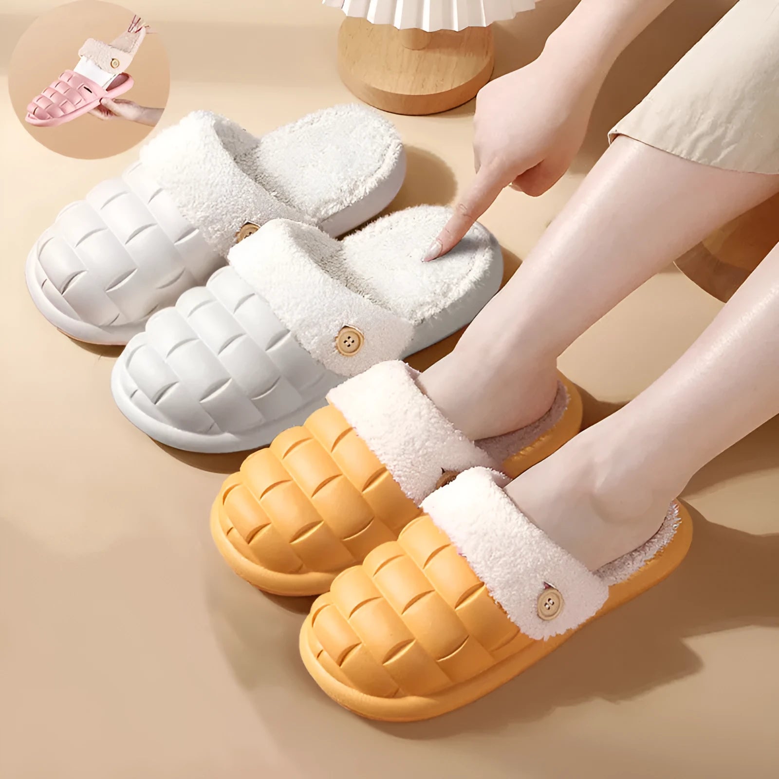 Pink and green plaid detachable slippers with a plush lining and textured EVA sole.