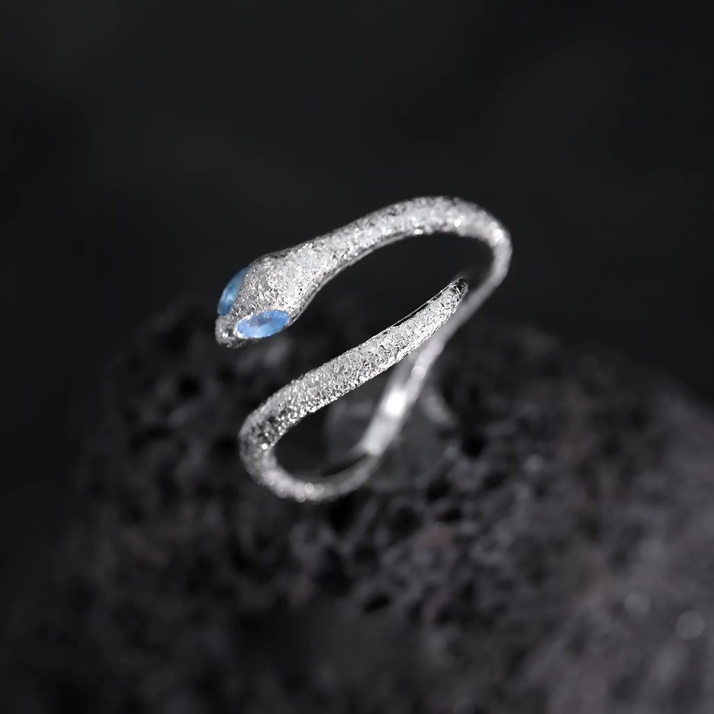 Adjustable opening silver snake zodiac ring with electroplated platinum finish