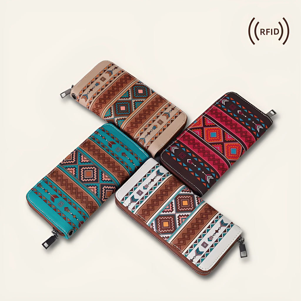 Bohemian striped canvas RFID wallet showing interior and exterior with card protection features