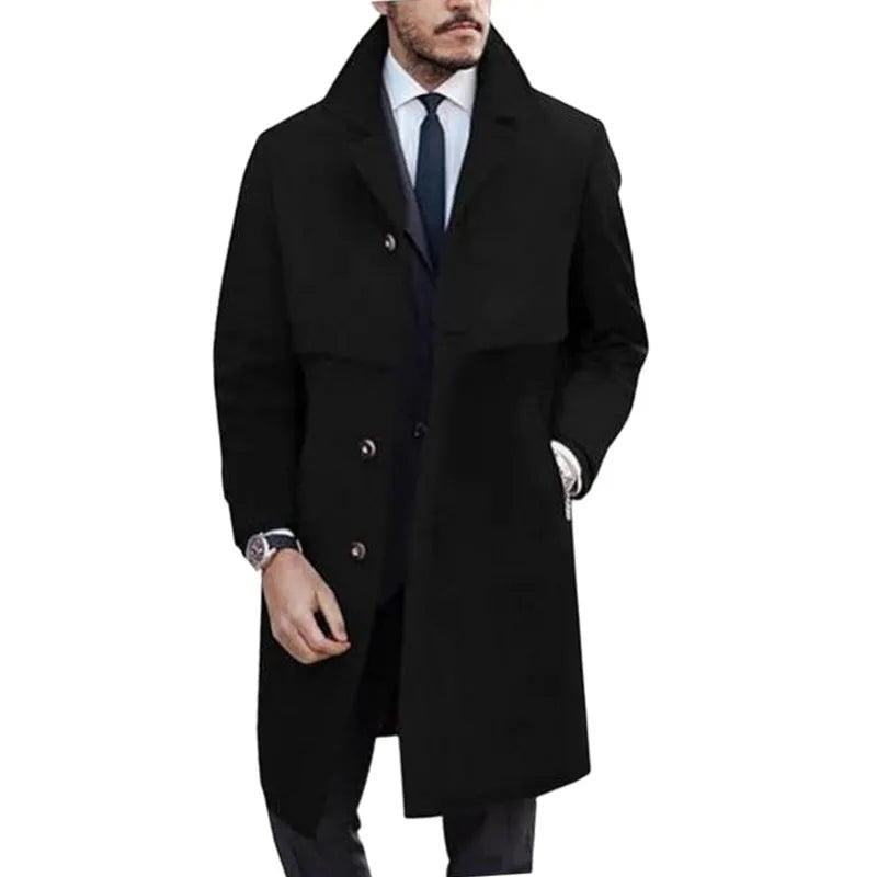 Men's plus size woolen single-breasted coat in camel, dark gray, and black with thickened polyester lining