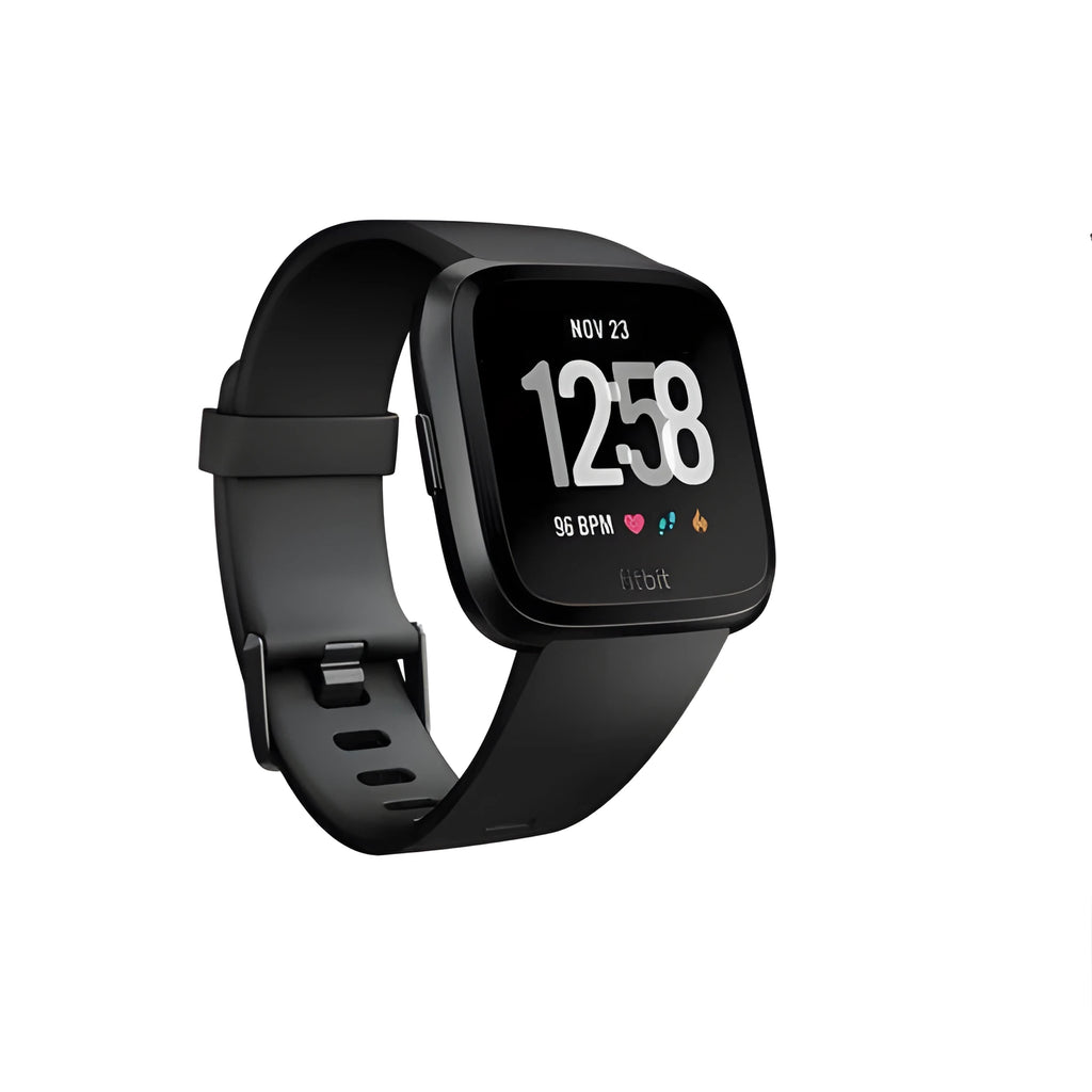 Black smart watch with heart rate monitoring on silicone wristband showing 1.4-inch screen