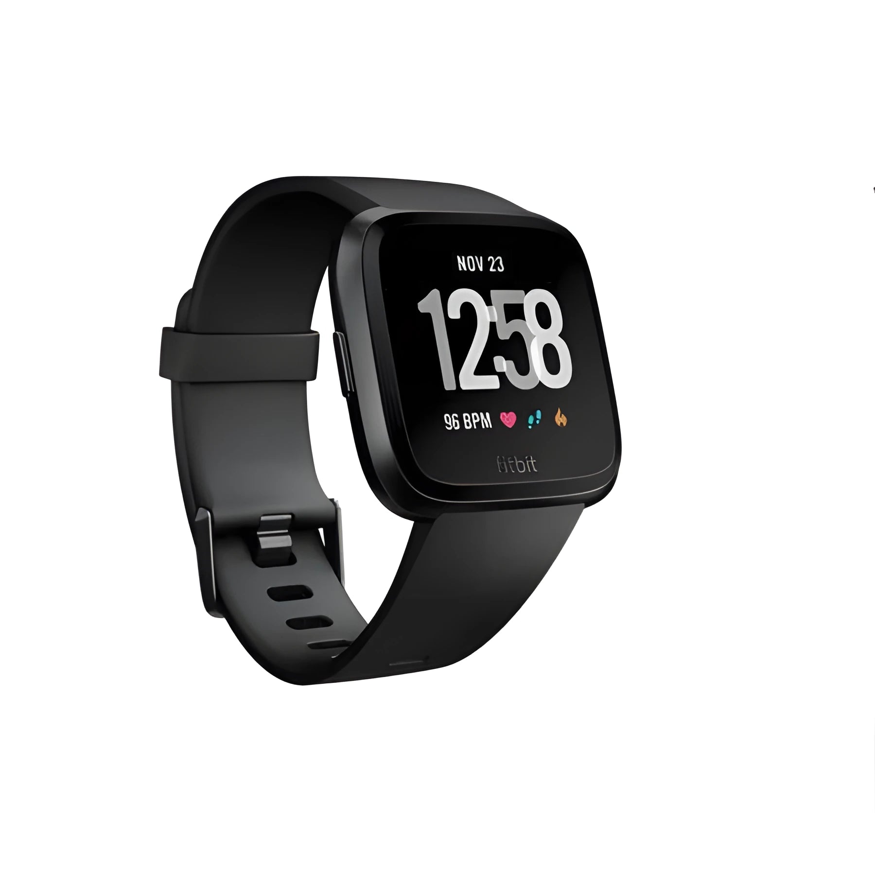 Black smart watch with heart rate monitoring on silicone wristband showing 1.4-inch screen