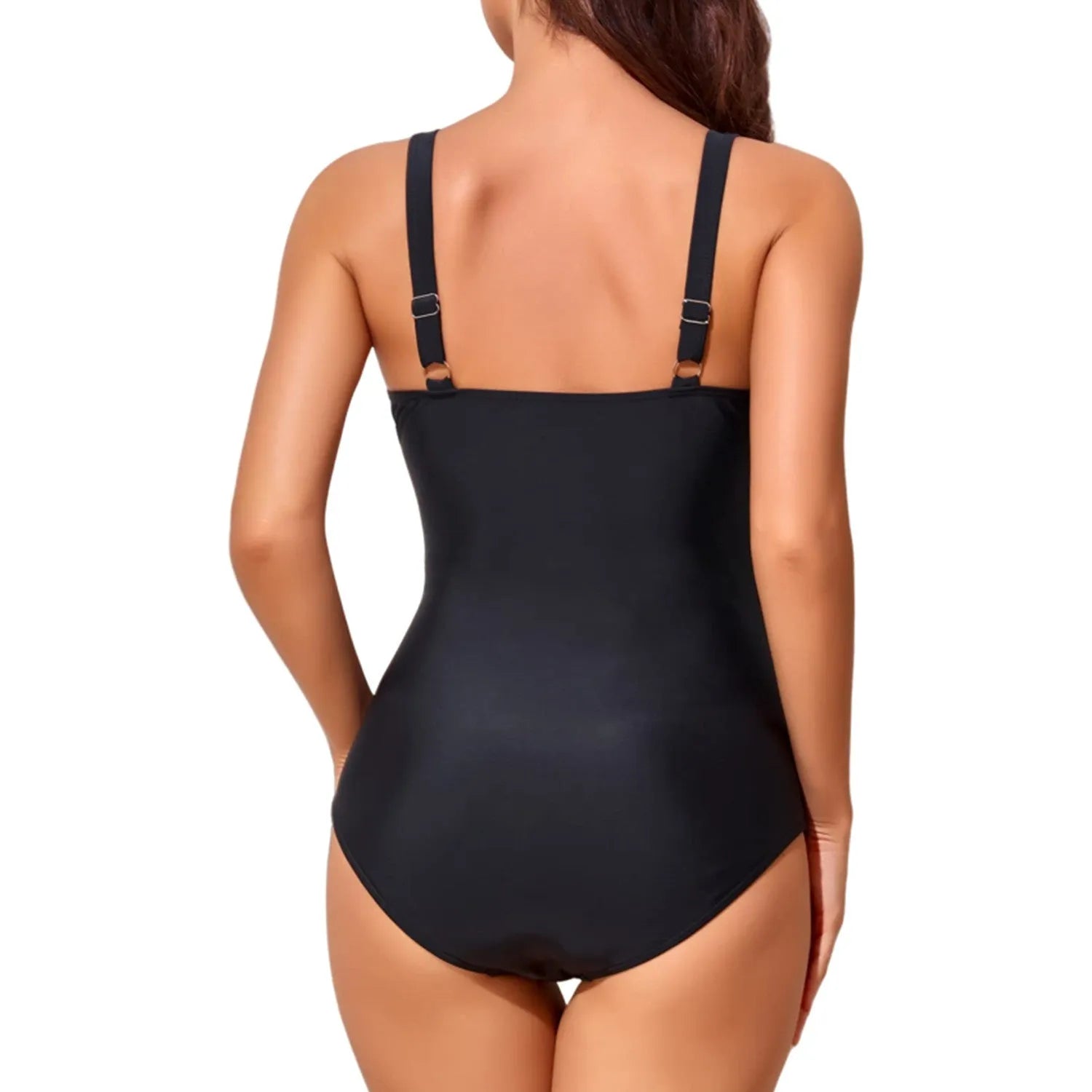 Women's black deep V cross pleated backless one-piece swimsuit on a mannequin.