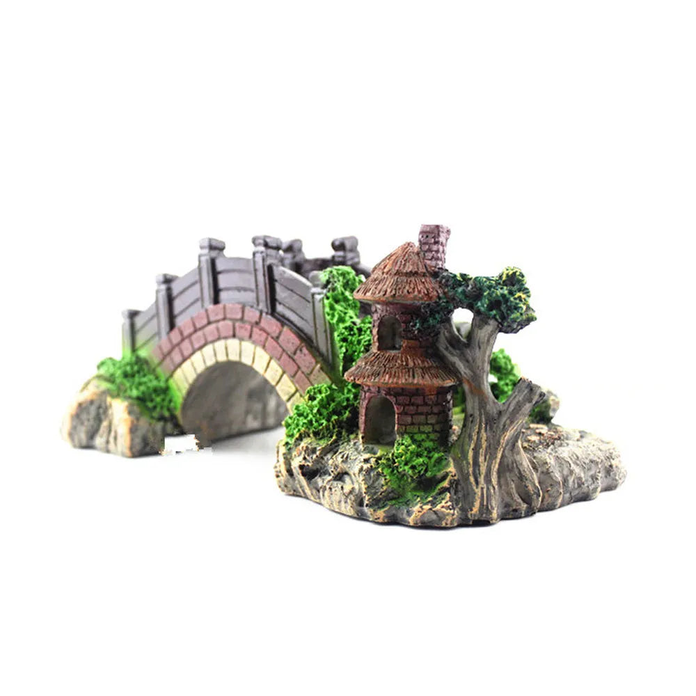 Resin black red arch bridge for fish tank landscaping decoration, 14.5cm length