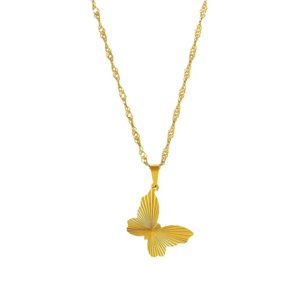 Gold pleated necklace with butterfly design pendant on water wave chain