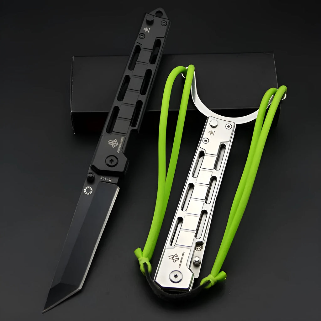 Folding slingshot knife with 8.5cm stainless steel blade and 120mm handle in natural steel finish