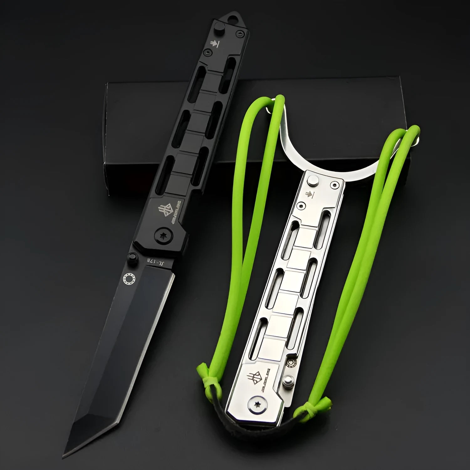 Folding slingshot knife with 8.5cm stainless steel blade and 120mm handle in natural steel finish