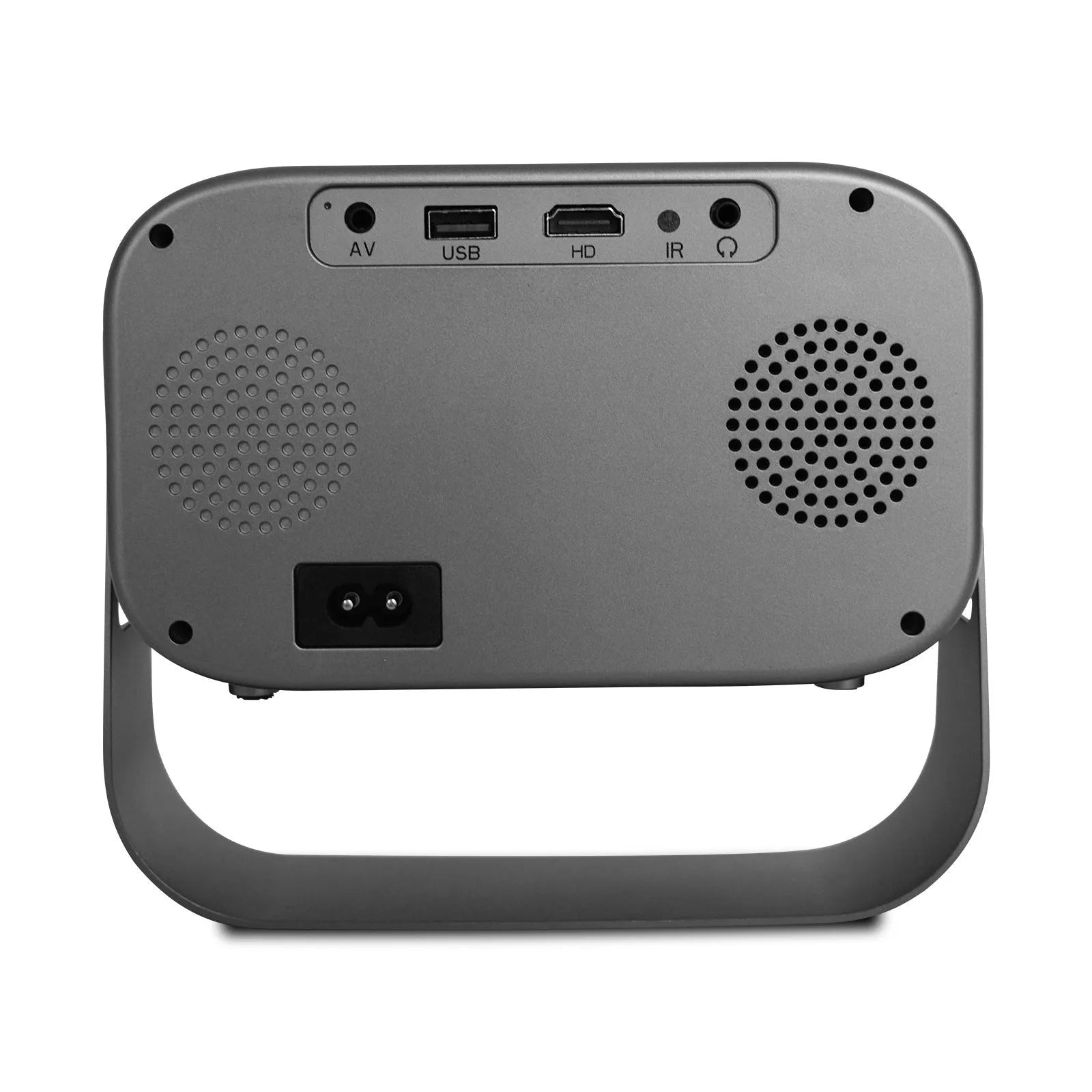 Black portable smart projector with remote control showing 1280x720 HD resolution and Android interface