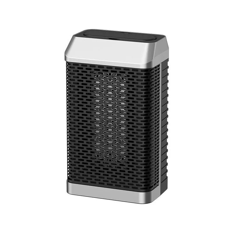 Black desktop smart heater with remote control on a wooden desk