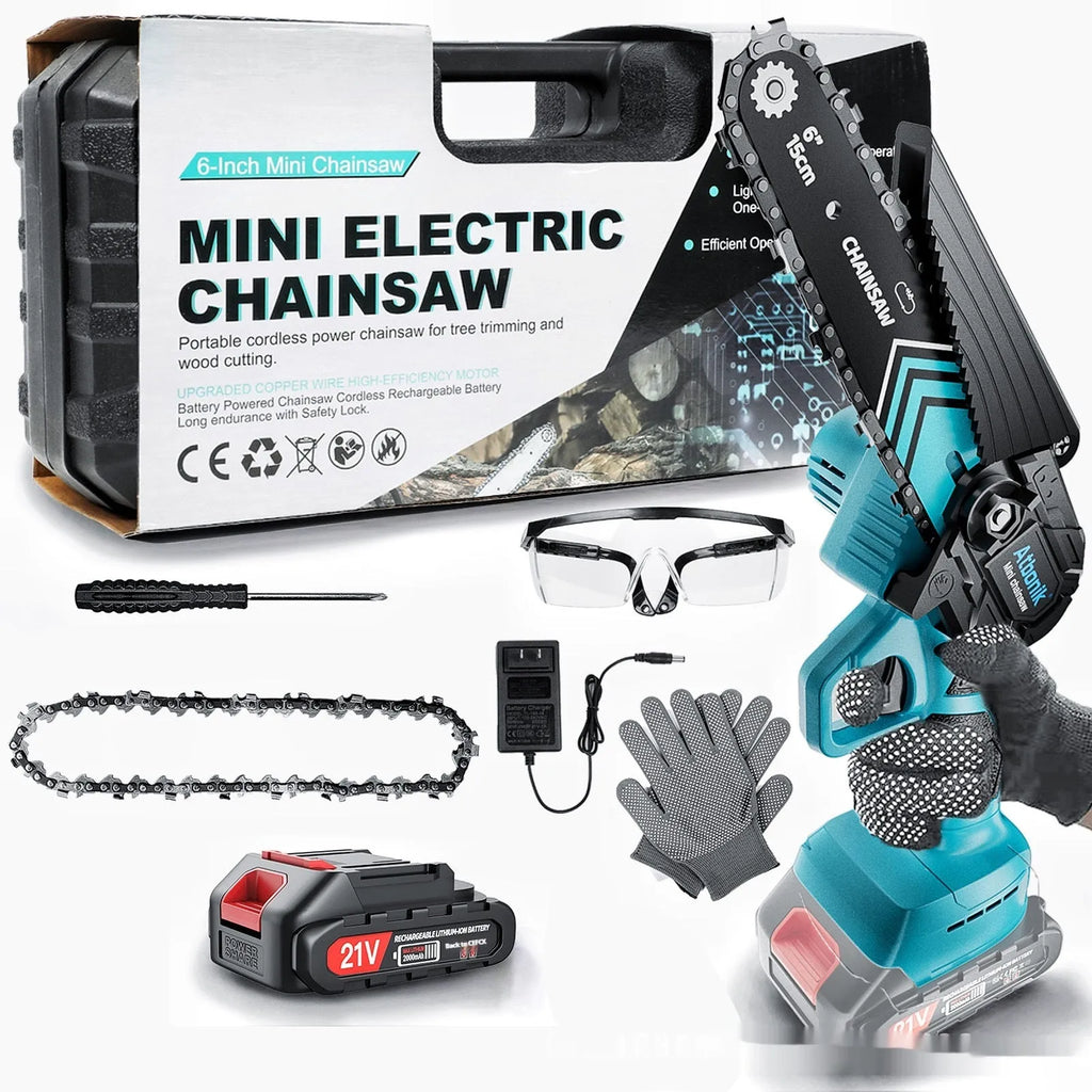 6-inch handheld cordless electric chainsaw with two batteries, safety goggles, gloves, and tools in a storage box