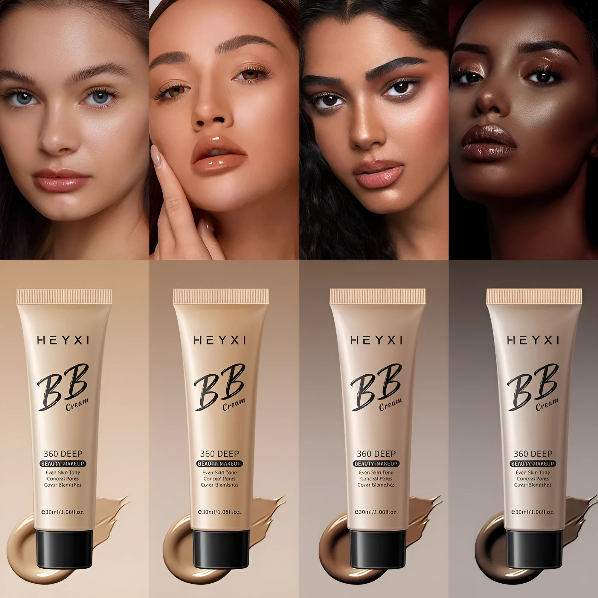 Waterproof sweatproof BB cream tube in four colour options for universal skin types
