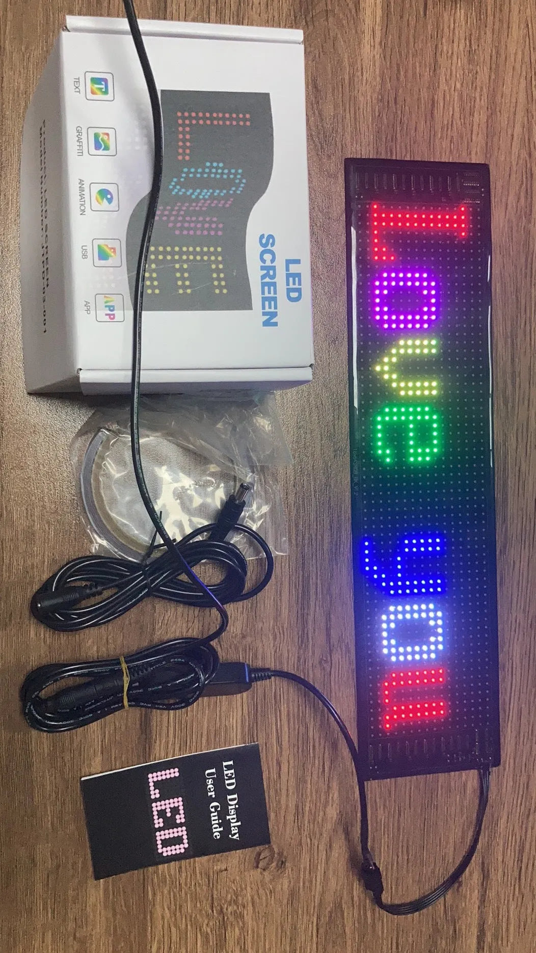 Flexible full-colour LED soft screen with Bluetooth app control, 120x985mm display area, and USB power