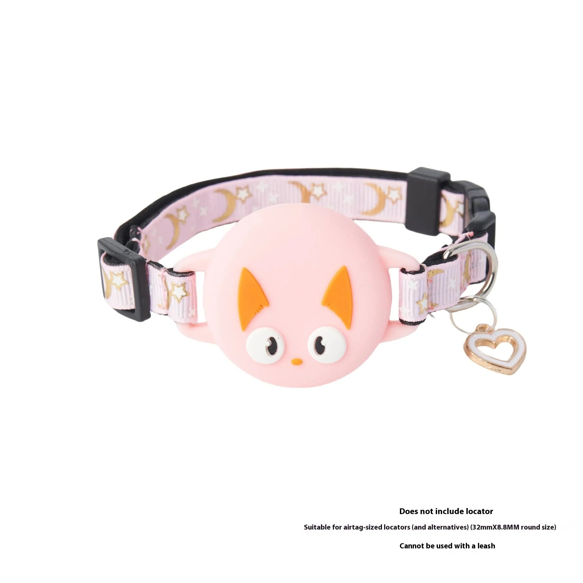 Pink adjustable cat collar with built-in white Apple AirTag protective case on a table.