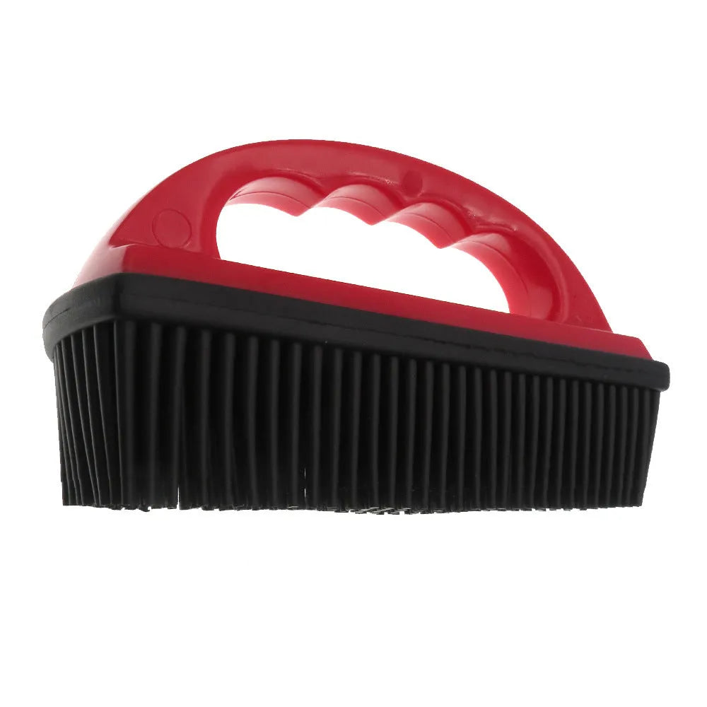 Red handheld pet hair removal brush for grooming and carpet cleaning, shown at 160mm by 85mm size.