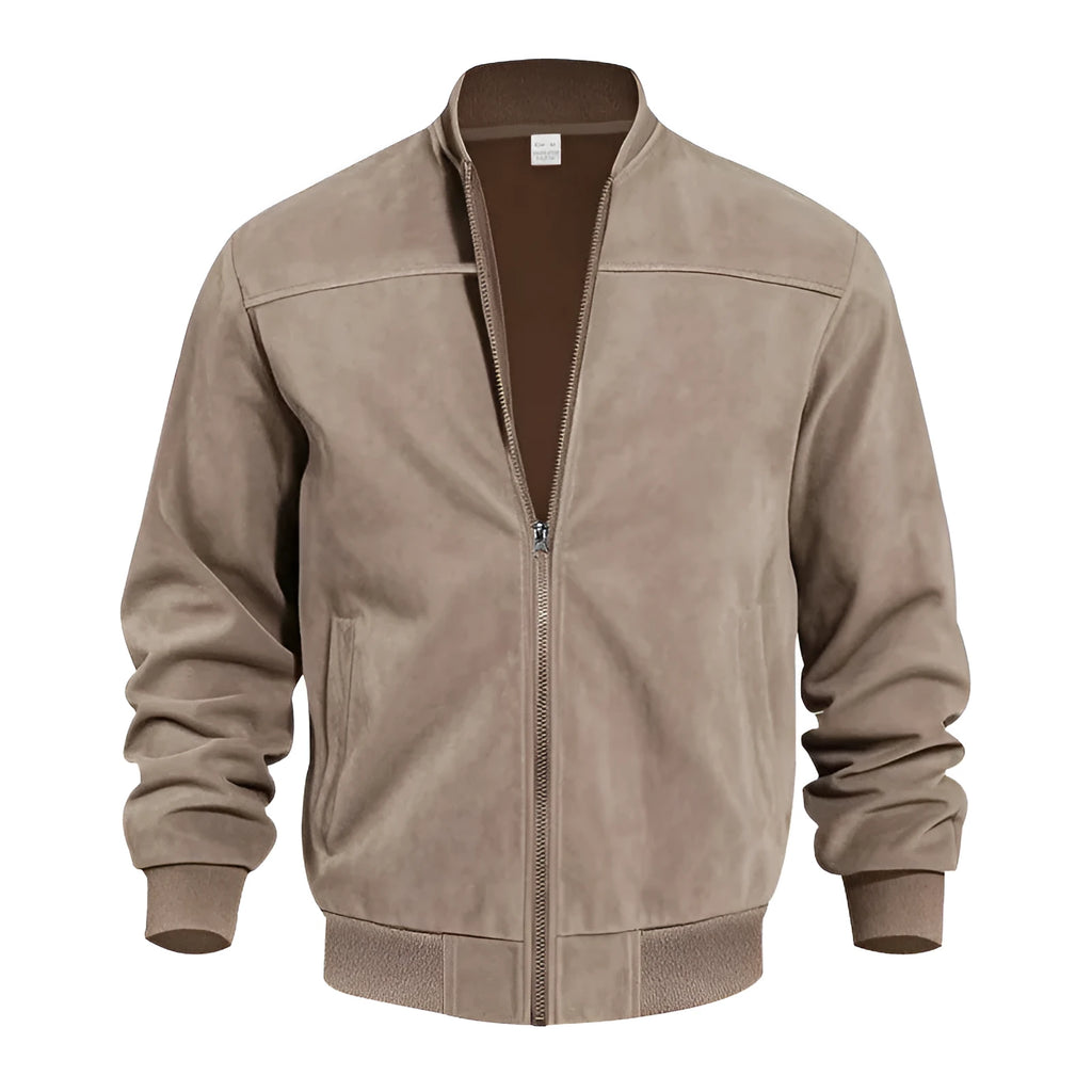 Men's plus size suede jacket with zip closure in Army Green colour with regular sleeves