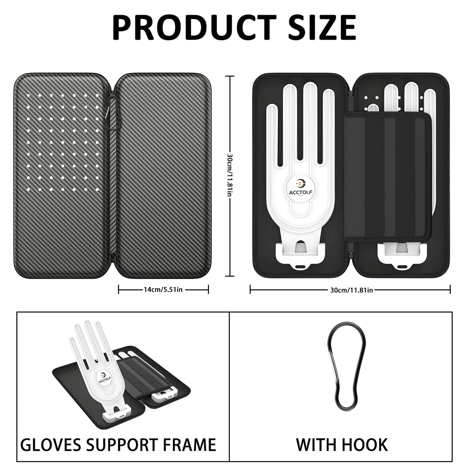 Silver grey golf double glove storage bag with two accessory brackets and carrying handle