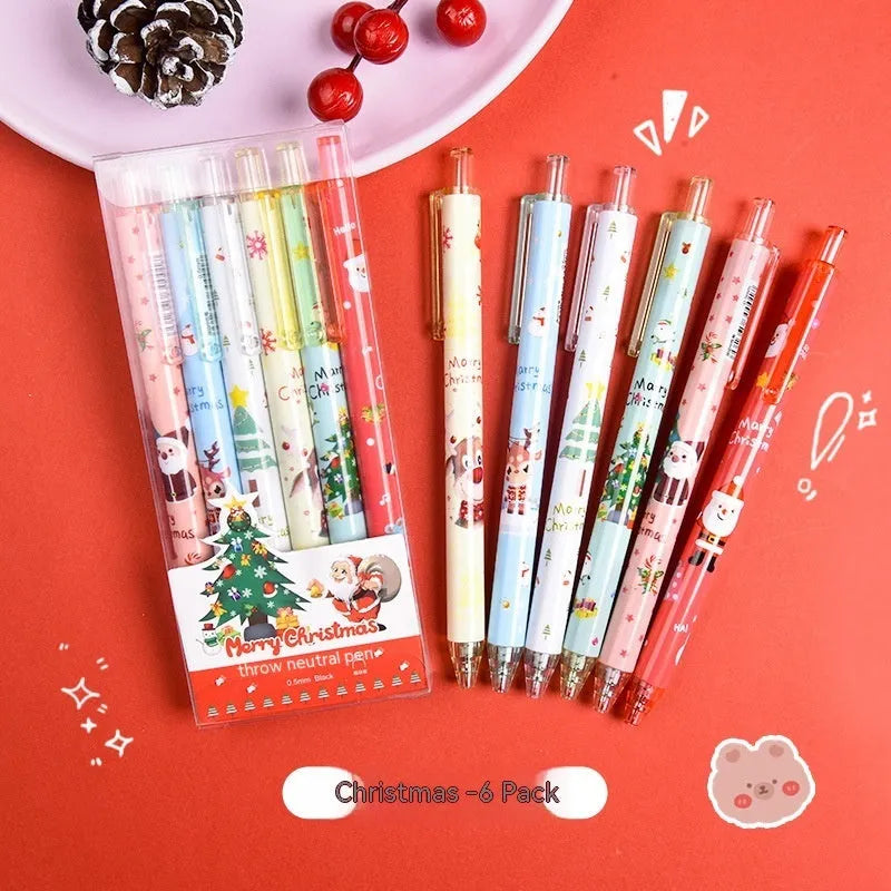 Cartoon design press gel pen set with six black-ink pens in plastic packaging