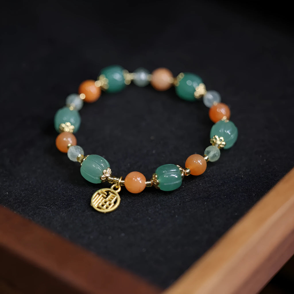 Chinese Duobao pumpkin bracelet with Jinsi Jade beads and prehnite stones for women