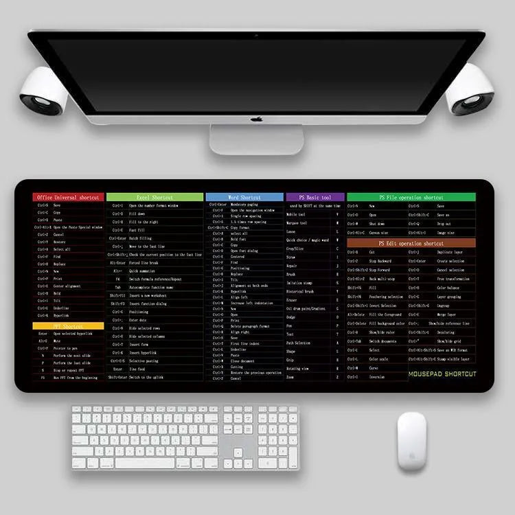Oversized thickened rubber and cloth desk pad with printed keyboard shortcut layout on a desk surface