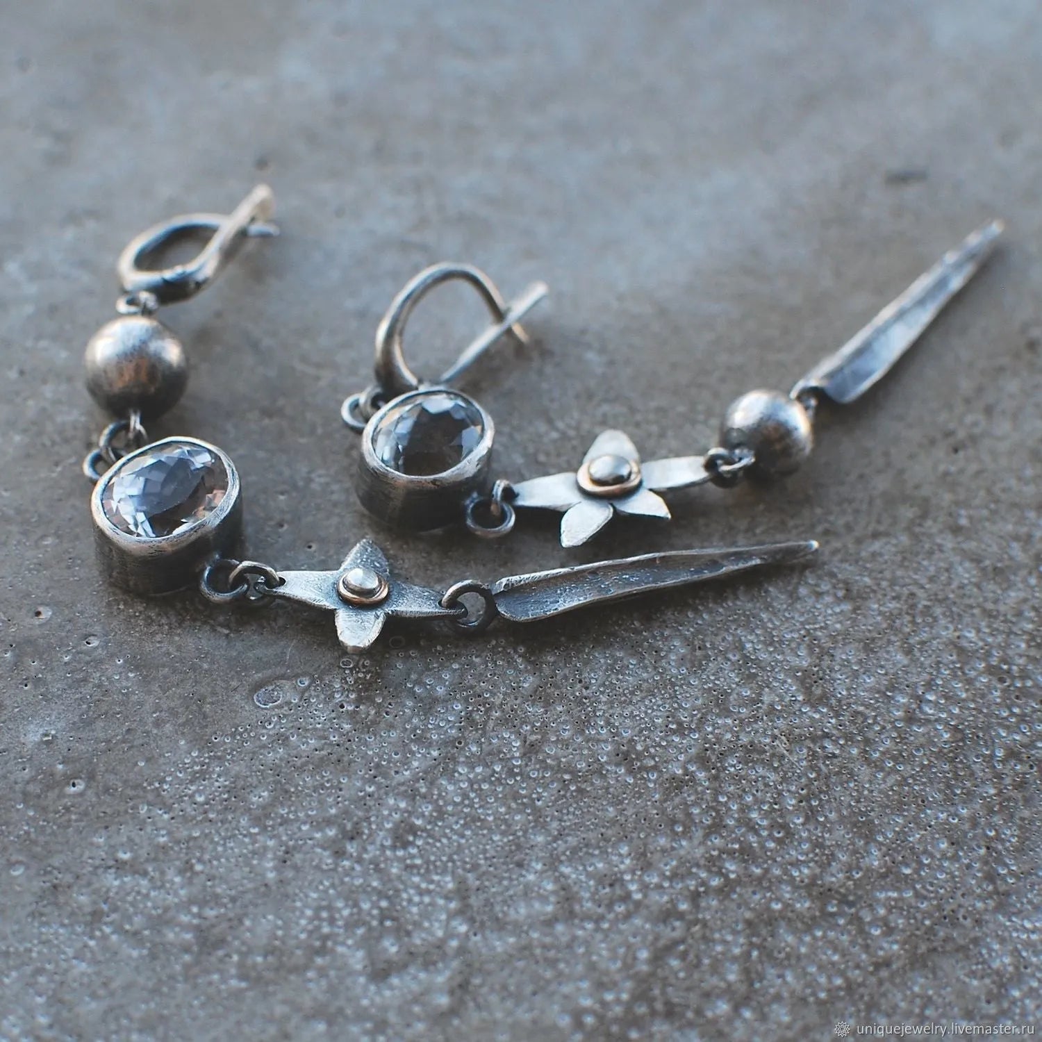 Geometric antique silver XINGX pendant earrings with long rhinestone detailing