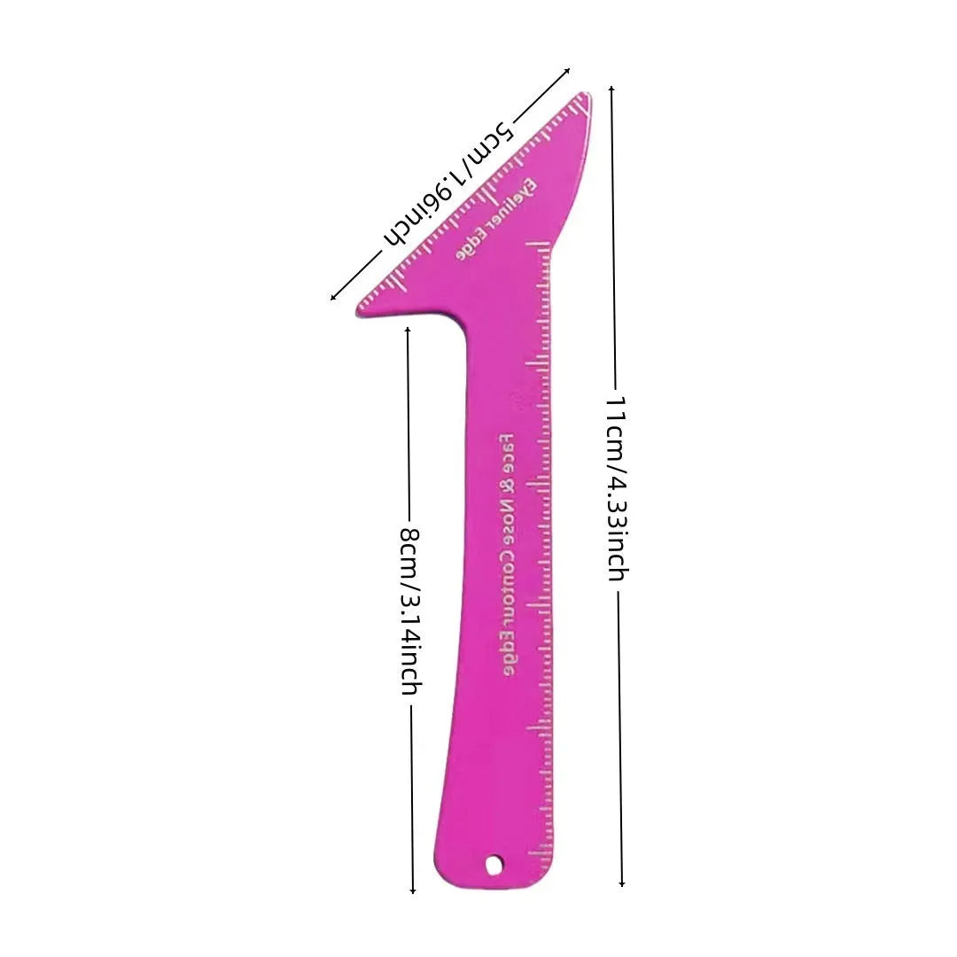 Set of three reusable pink plastic makeup stencils for eyeliner, eyebrows, and nose contour on a plain background.