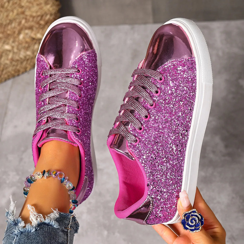 Women's plus size sequinned board shoes with front lace-up closure in black, gold, purple, and silver colour options
