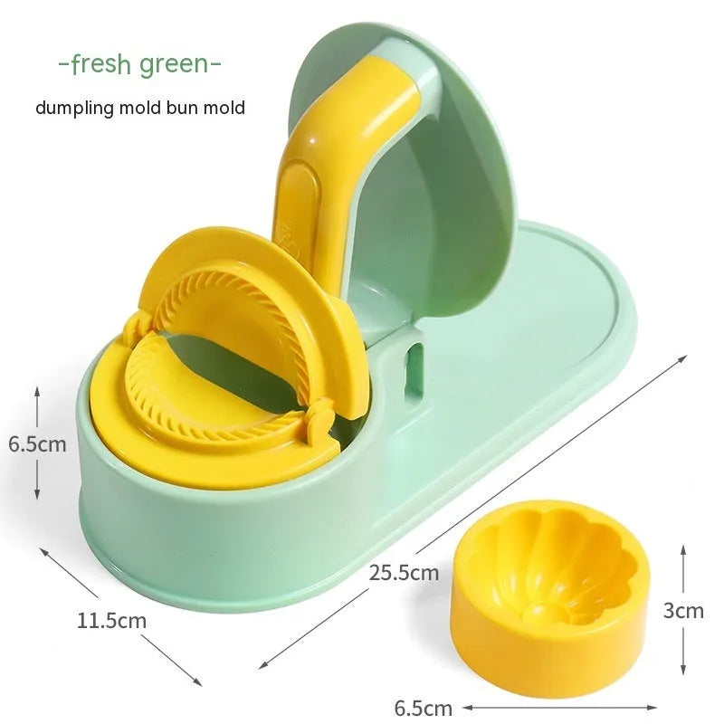 Plastic dumpling wrapper pressing device in fresh green colour on kitchen surface with dough
