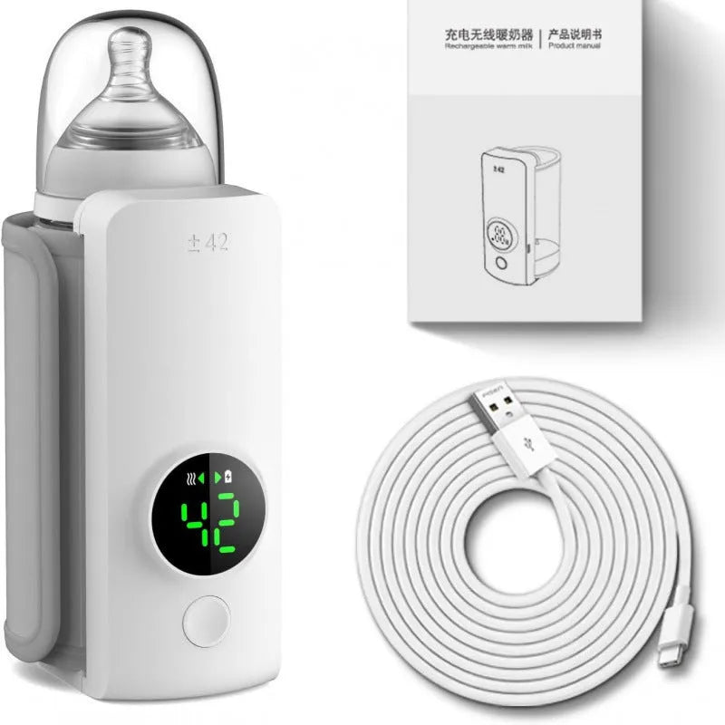 White portable constant temperature milk warmer with charging cable, made from ABS material