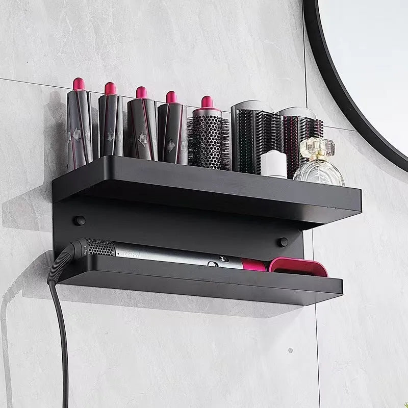 White punch-free double-layer aluminium bathroom storage rack for hair curlers on a countertop.