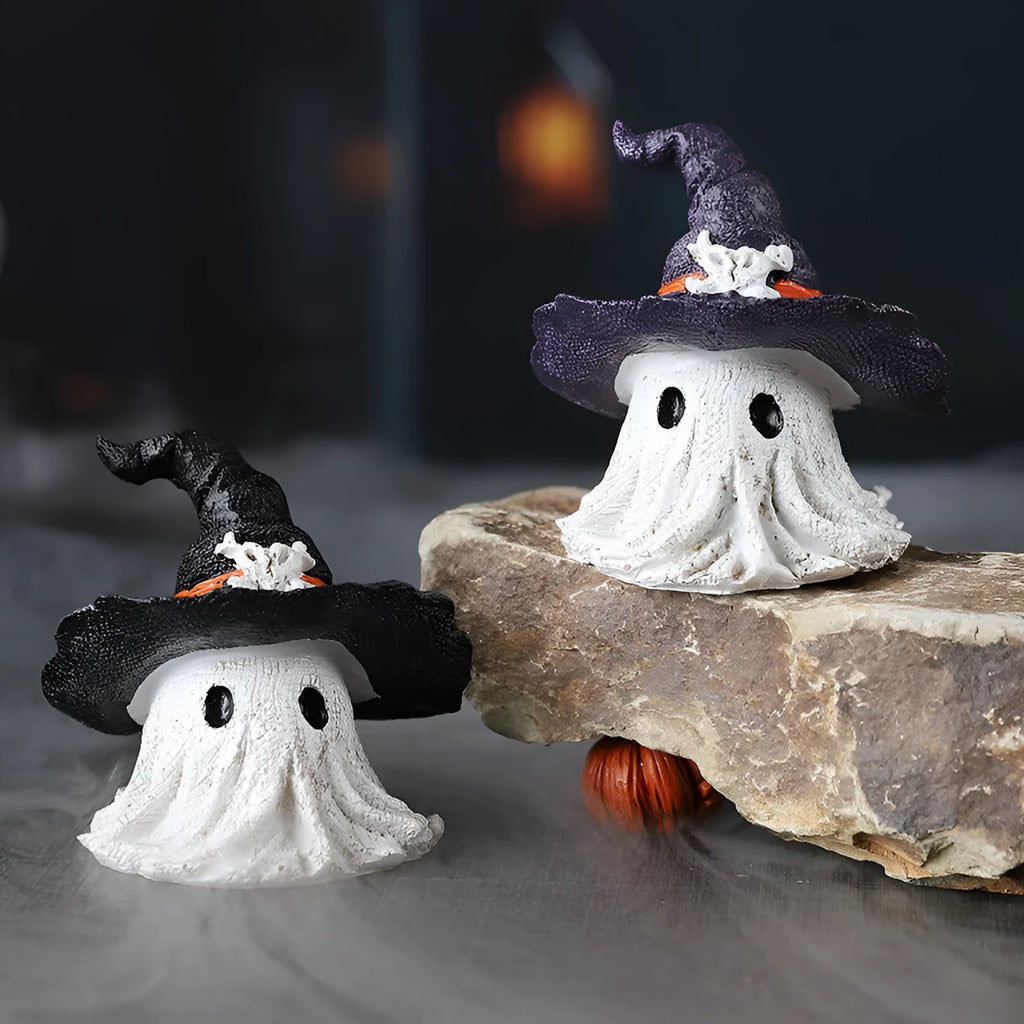 Handmade resin wizard hat ornament in black and purple for Halloween and Christmas decoration.
