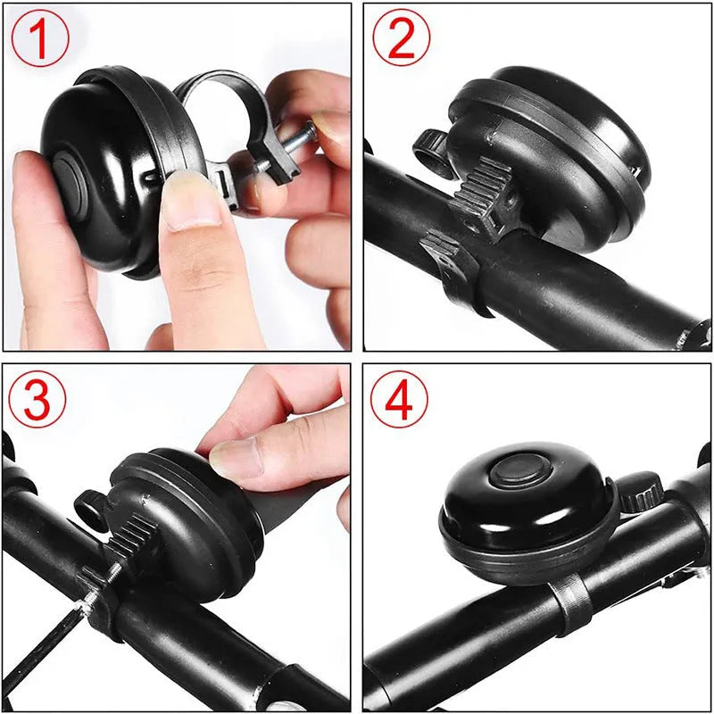 Black 58mm diameter bicycle bell with universal handlebar clamp fixture
