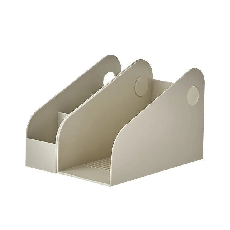 Two-layer plastic desktop storage box in milk coffee colour measuring 14.5x17x22cm