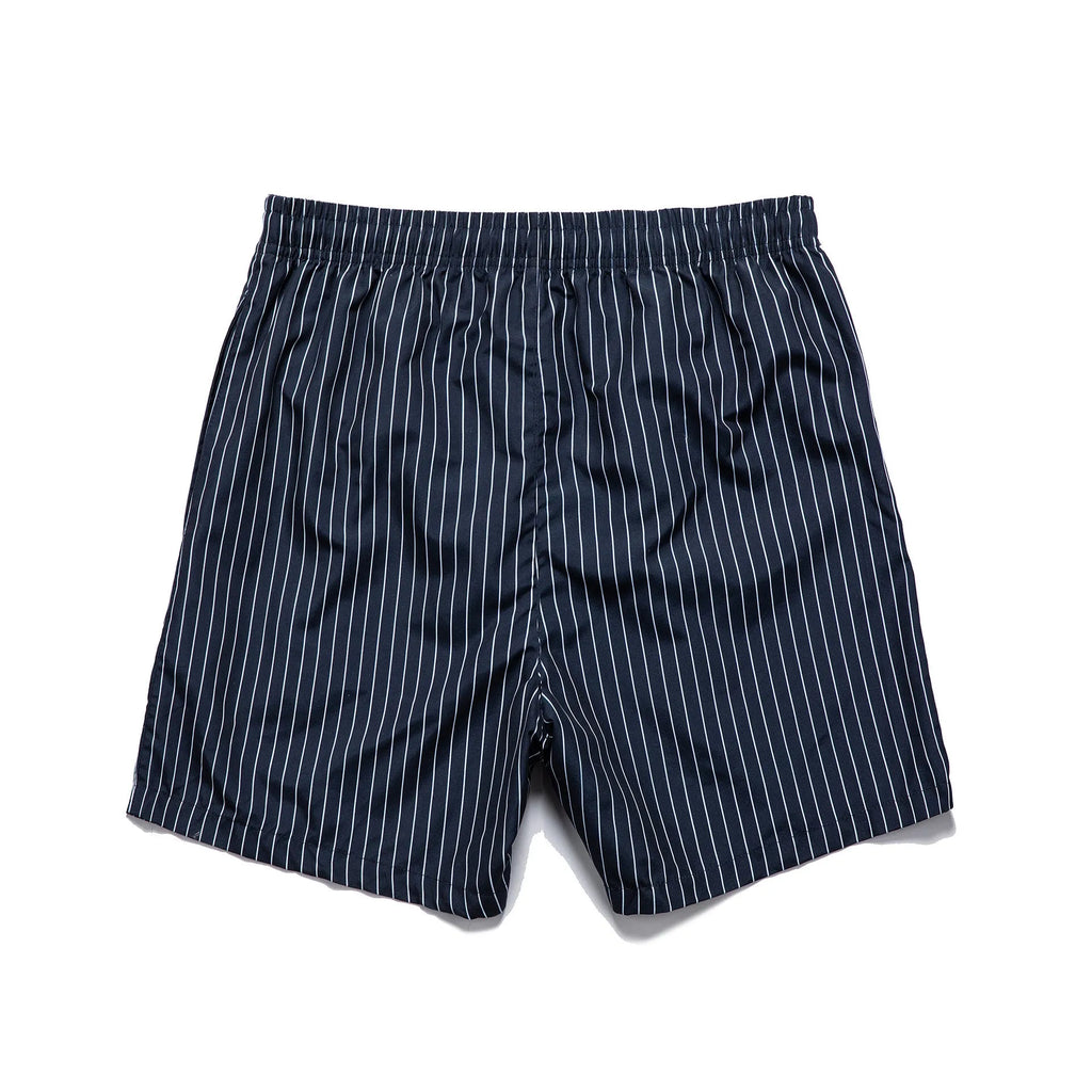 Polyester fibre striped beach shorts with straight leg opening in navy blue colour
