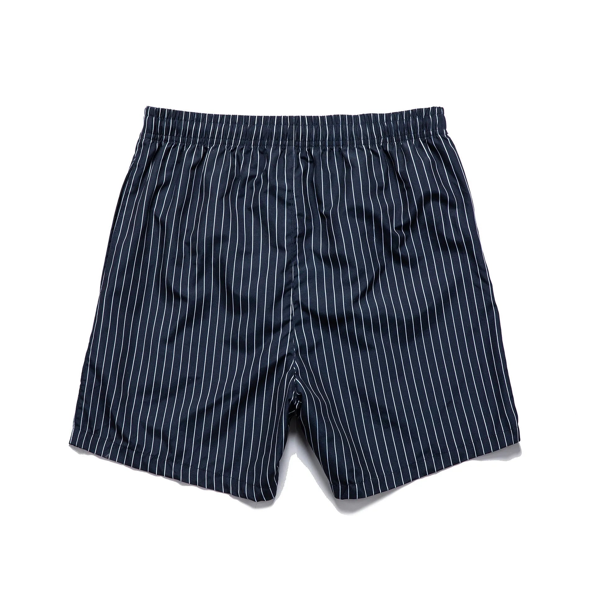 Polyester fibre striped beach shorts with straight leg opening in navy blue colour