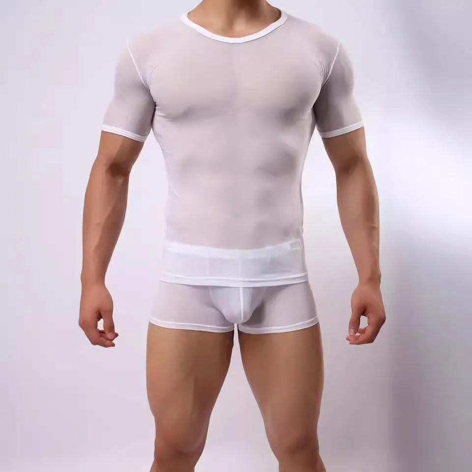 Men's slim fit transparent mesh T-shirt in solid colour with short sleeves